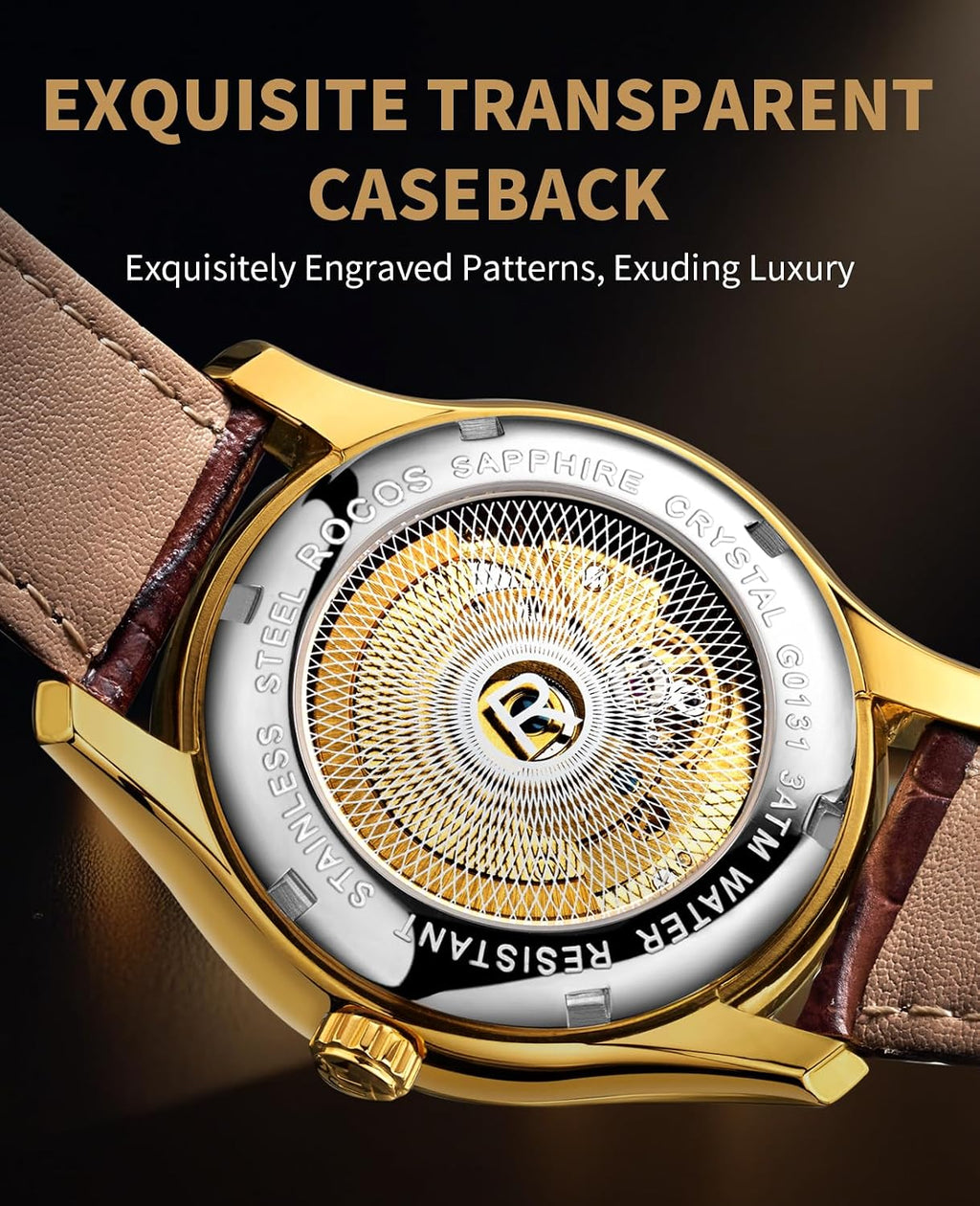 ROCOSJEWE Reloj de vestir masculino automático de cuerda automática - Caja de acero inoxidable dorado, números romanos, correa de cuero marrón, indicación de día y fecha, tapa esqueletada, reloj de pulsera de lujo para negocios, uso casual y diario