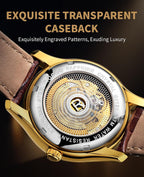 ROCOSJEWE Reloj de vestir masculino automático de cuerda automática - Caja de acero inoxidable dorado, números romanos, correa de cuero marrón, indicación de día y fecha, tapa esqueletada, reloj de pulsera de lujo para negocios, uso casual y diario