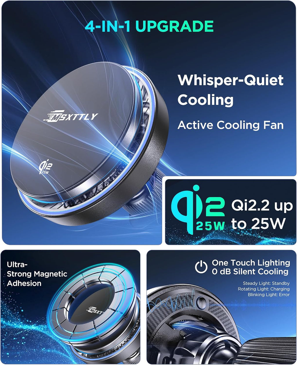 MSXTTLY Qi2.2 25W Certificado para Mag Safe Cargador de Coche Montado en Soporte, Cargador para Ventilación del Coche