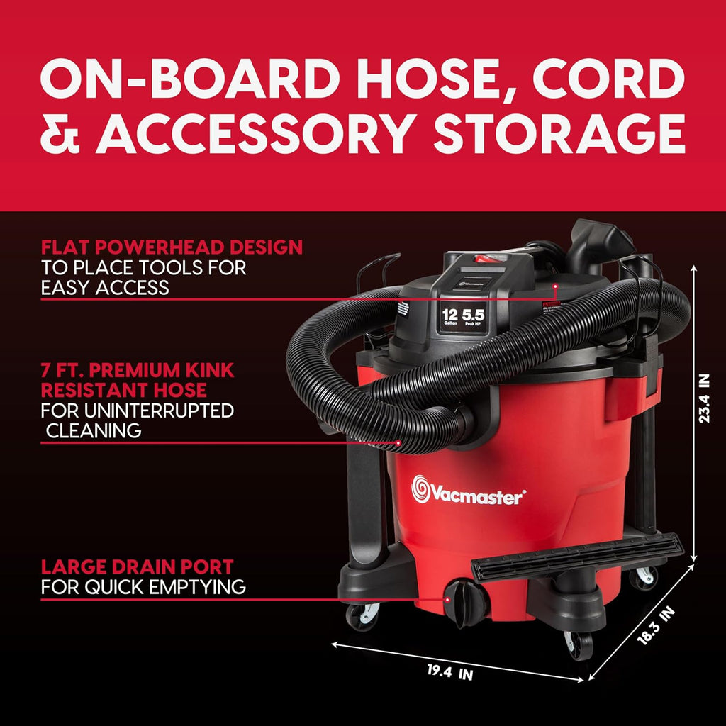 Vacmaster Aspiradora de 12 galones, 5.5 HP Pico de alta capacidad, húmeda/seca - VJH1211PF 1101