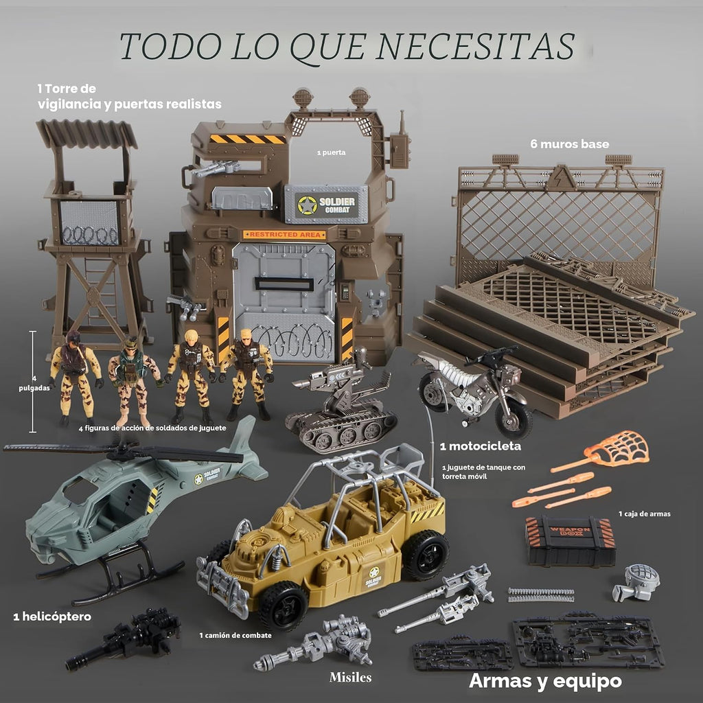 JOYIN Juego de juguetes de base militar que incluye vehículos del ejército, figuras de acción de hombres del ejército y accesorios de equipo de armas, juguetes militares de combate