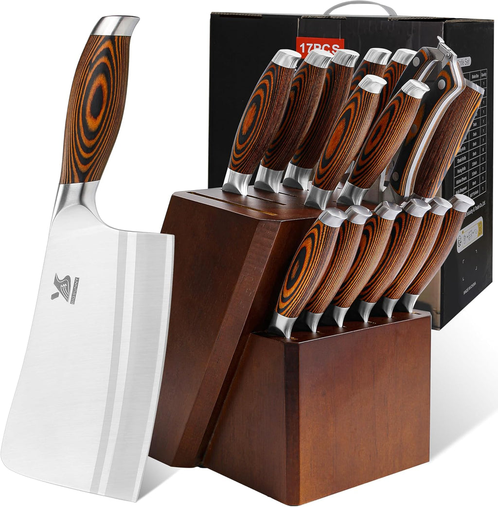 Juego de cuchillos de 17 piezas con bloque de madera, juego de cubiertos de acero alemán perfecto regalo