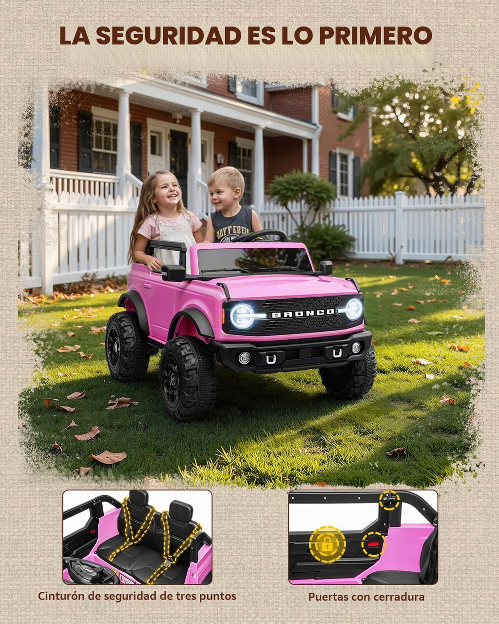 First Ride On Juguetes de paseo de 24 V para niños grandes, auto eléctrico de 2 plazas con licencia Ford Bronco Base con control remoto, camión con cinturones de seguridad, 3 velocidades, suspensión de resorte y Bluetooth (rosa)