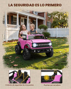 First Ride On Juguetes de paseo de 24 V para niños grandes, auto eléctrico de 2 plazas con licencia Ford Bronco Base con control remoto, camión con cinturones de seguridad, 3 velocidades, suspensión de resorte y Bluetooth (rosa)