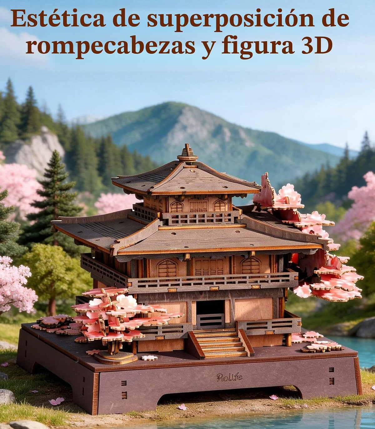 Rolife Rompecabezas de madera 3D Sakura Pavilion, modelo de arquitectura japonesa y kit de construcción de casas en miniatura para adultos, rompecabezas de madera de 235 piezas, decoración del hogar