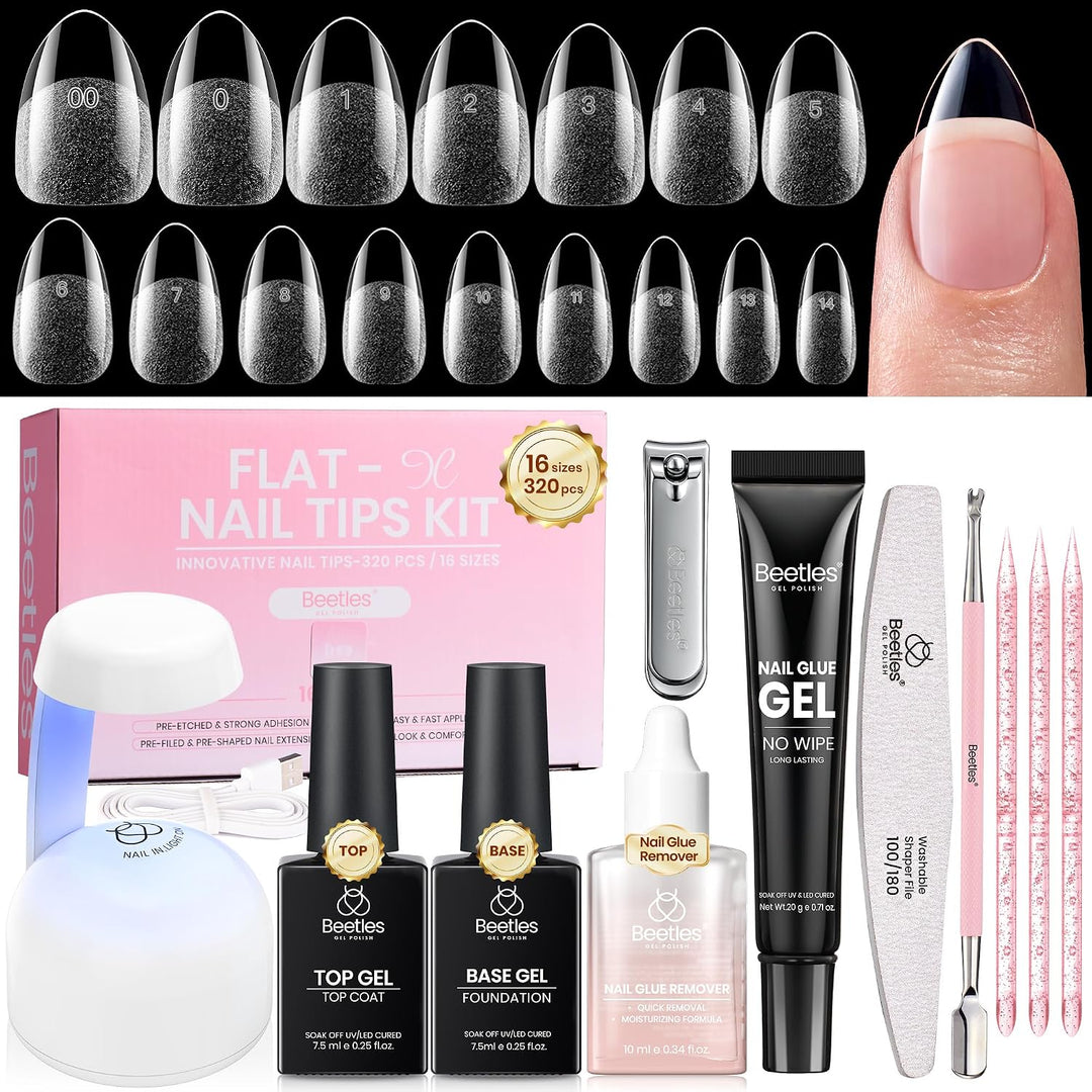Beetles - Kit de uñas de gel flatX, almendra corta, 320 piezas de p...