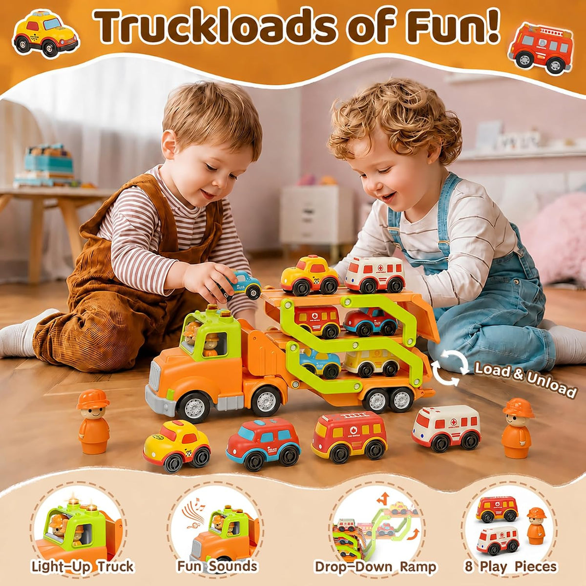 Juguetes para niños de 2, 3, 4, 5 años, camión transportador de coche de juguete con 6 vehículos, remolque plegable de 30 pulgadas con efectos de luz y sonido, regalo de cumpleaños para niños