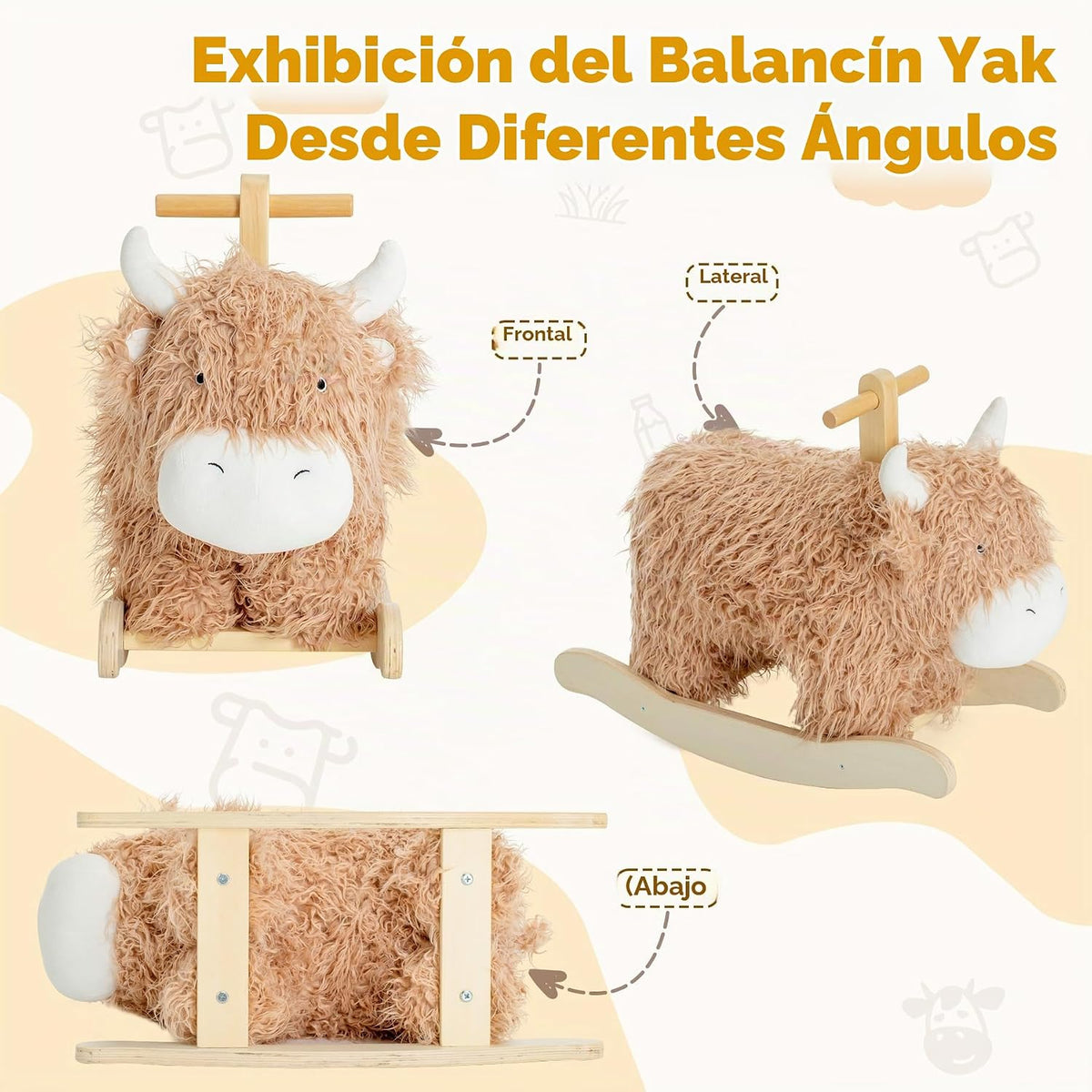 Caballo mecedor para bebé de 1 año de edad, juguete mecedor de madera de vaca de juguete de peluche de madera para cuarto de niños, sala de juegos, asiento de equilibrio de madera con asas, fiesta de cumpleaños, regalo de ducha