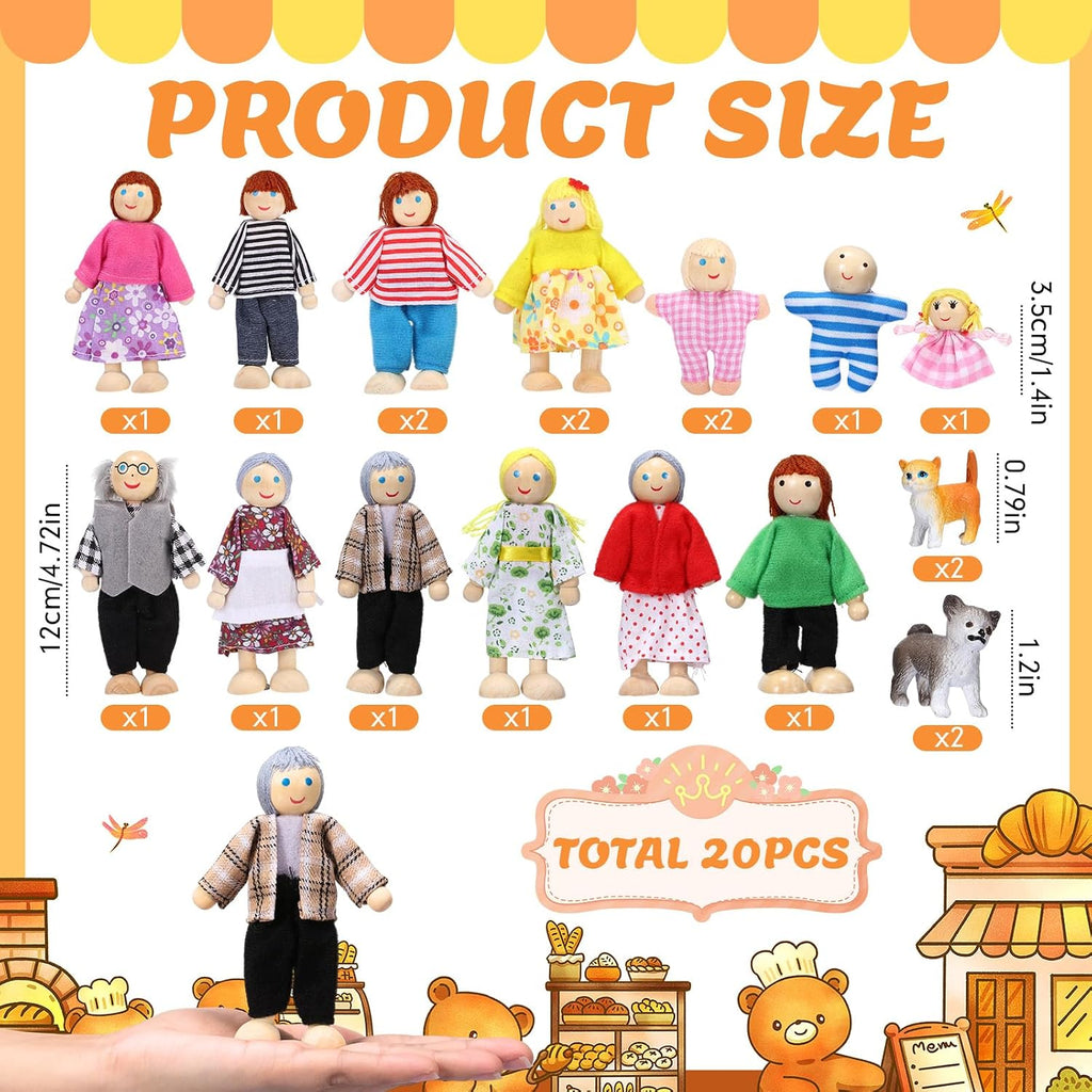 Juego de 20 piezas de casa de muñecas de madera, 16 mini figuras de personas, 4 mascotas, tradición
