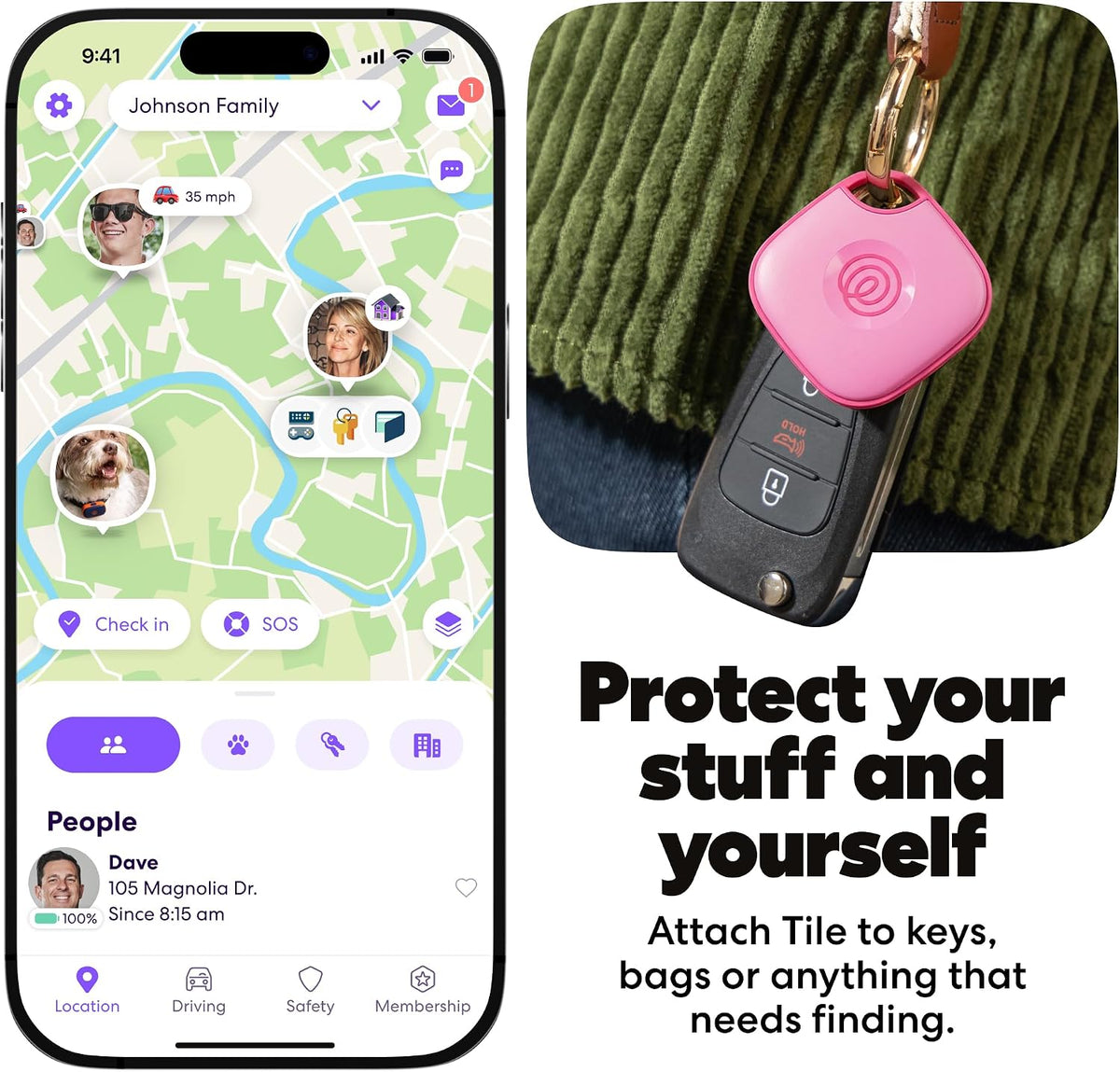 Life360 Tile - Rastreador Bluetooth, buscador de llaves y localizador de artículos para llaves, bolsas y más. Buscador de teléfonos. Compatible con iOS y Android. Paquete de 1 (ponche rosa)