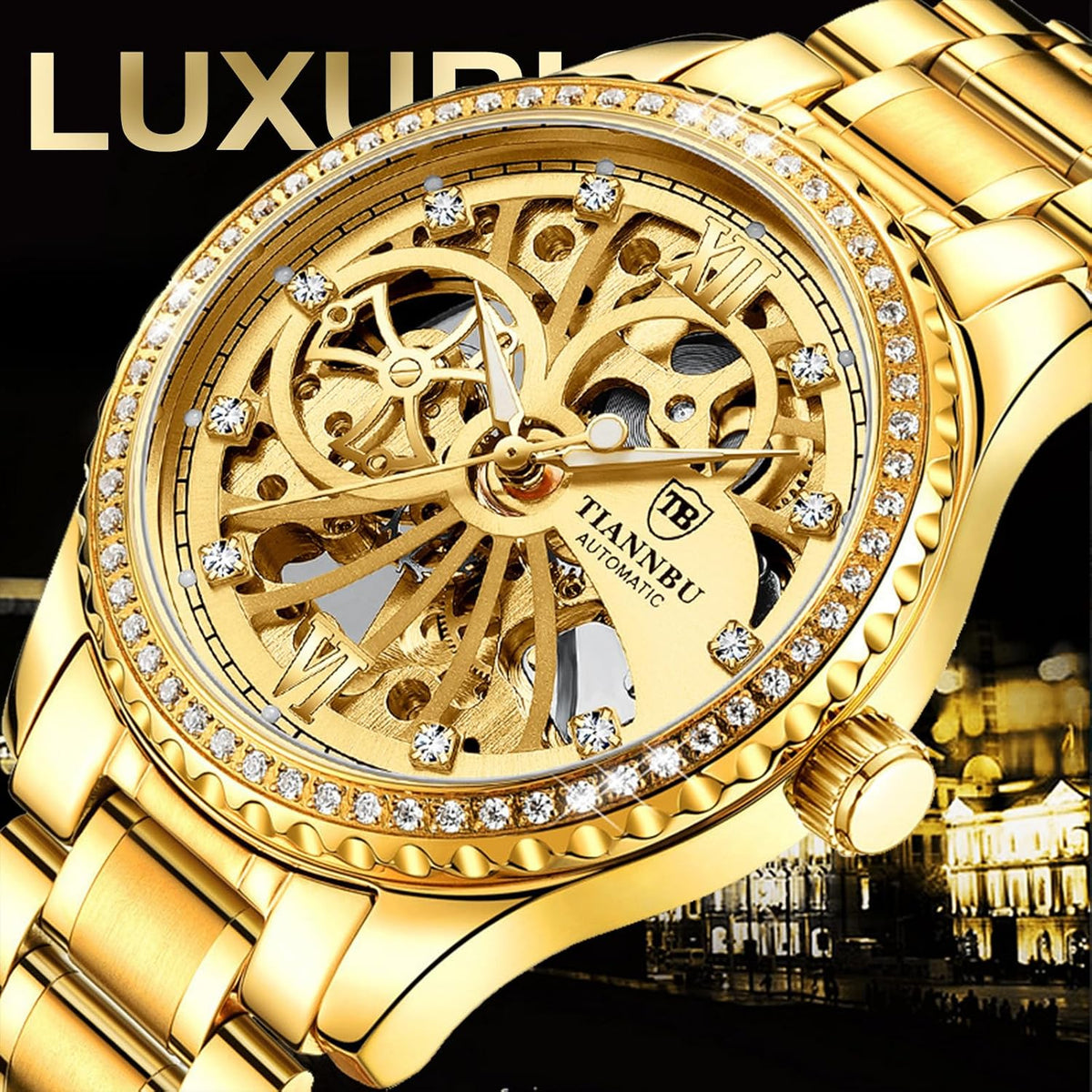 FORSINING Reloj mecánico automático dorado de lujo para hombre, esfera de esqueleto con turbillón simulado, marcadores de diamantes y bisel, correa de acero inoxidable de caja fina de 0.354 in, reloj de pulsera de cuerda automática