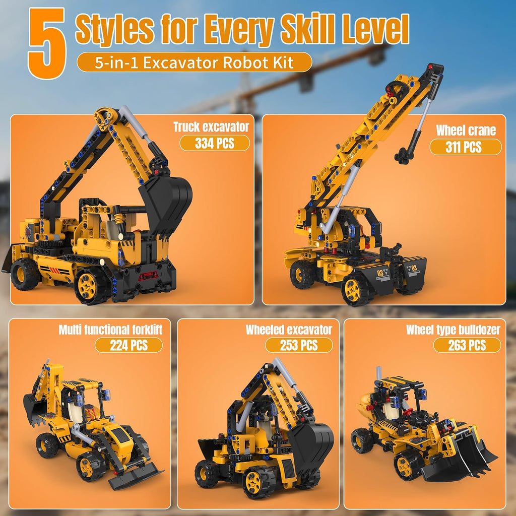 Juego de construcción de robot STEM 5 en 1, excavadora de control remoto con aplicación, juguetes de construcción de robótica técnica y kits STEM de ingeniería educativa para niños
