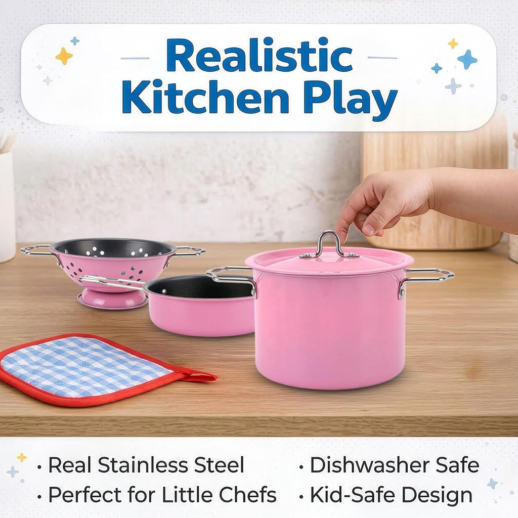 Juego de cocina de acero inoxidable para niños, 11 piezas, ollas y sartenes, juego de utensilios de cocina de juguete con utensilios y soporte para ollas, accesorios de cocina de metal para niños y
