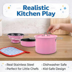 Juego de cocina de acero inoxidable para niños, 11 piezas, ollas y sartenes, juego de utensilios de cocina de juguete con utensilios y soporte para ollas, accesorios de cocina de metal para niños y