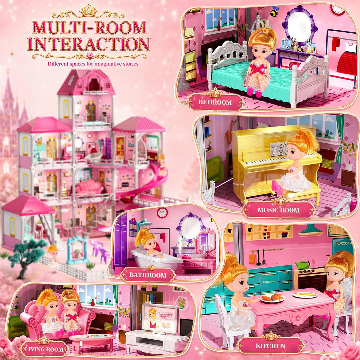Casa de 4 pisos para niñas de 3 a 7 años, juego de villa con 2 muñecas y 12