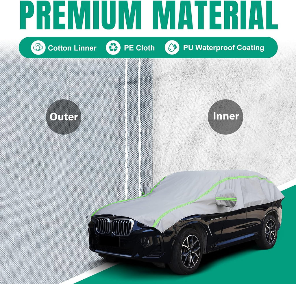 Funda para automóvil con tira reflectante verde, protector de granizo con forro de algodón, cubierta de parabrisas para hielo y nieve, cubierta de carrocería para todo tipo de clima para sol, lluvia, polvo