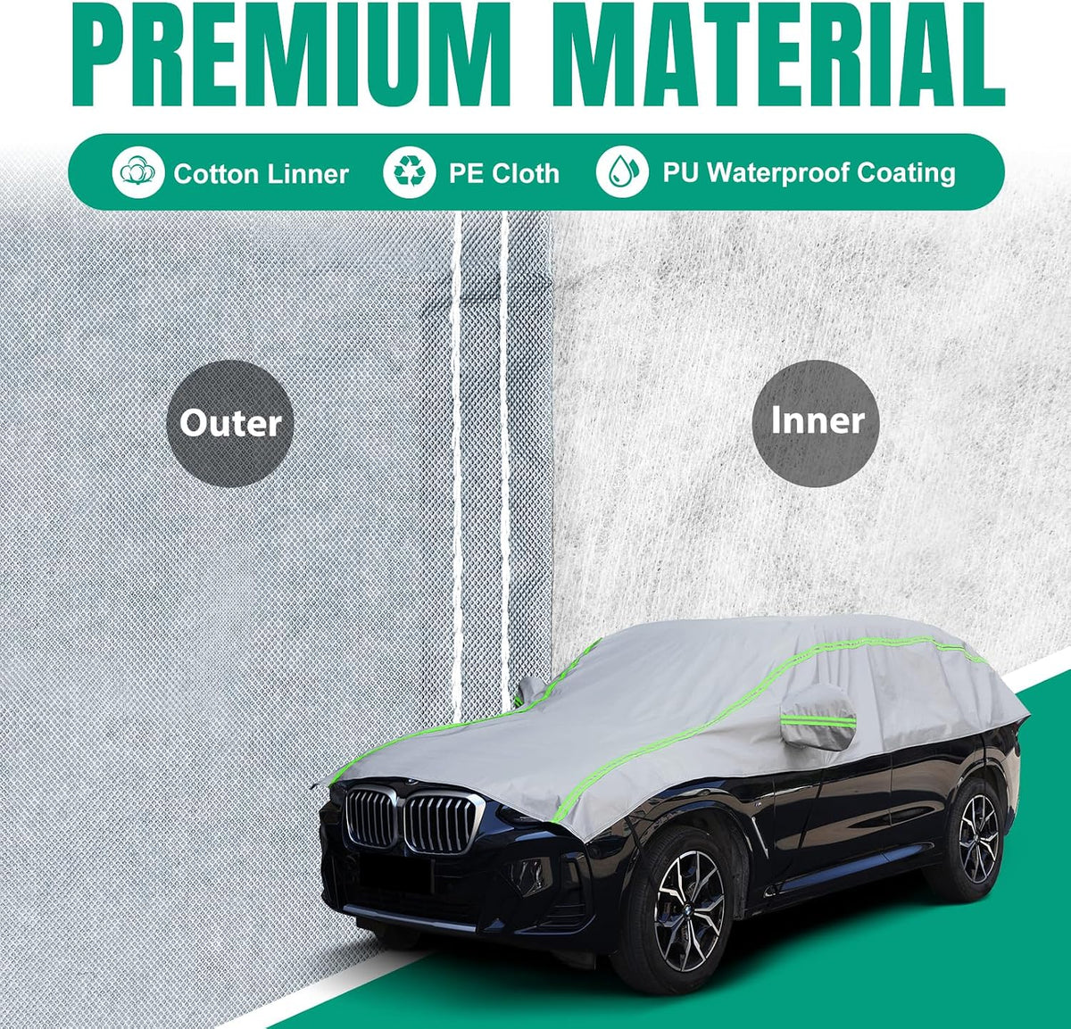 Funda para automóvil con tira reflectante verde, protector de granizo con forro de algodón, cubierta de parabrisas para hielo y nieve, cubierta de carrocería para todo tipo de clima para sol, lluvia, polvo
