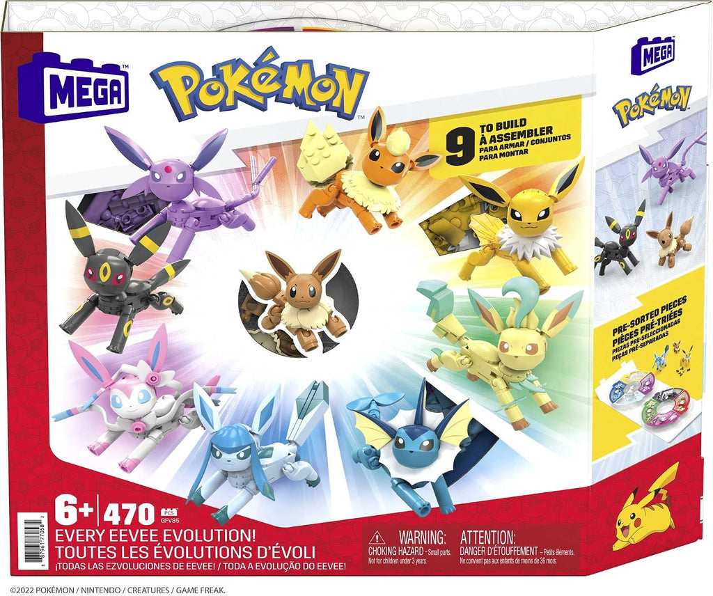 MEGA Juego de construcción de juguetes Pokémon Todas las evoluciones de Eevee con 470 piezas, 9 personajes articulados, para niños
