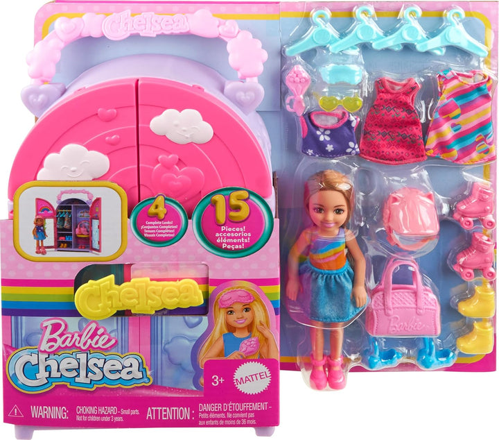 Muñeca Barbie Chelsea y juego de juguetes con armario con 15 piezas...