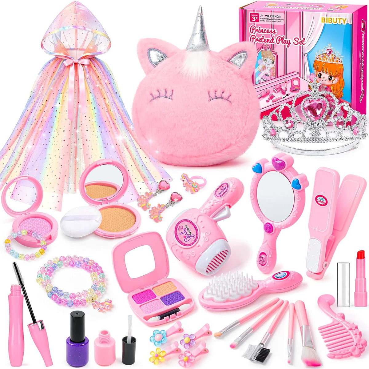 Kit de maquillaje para niñas BIBUTY, juguetes de princesa, maquillaje de juego de simulación, juguetes de maquillaje para niñas, juegos de maquillaje para niñas, set de salón de belleza con accesorios