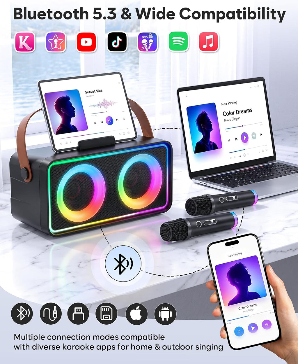 Máquina de karaoke, altavoz portátil Bluetooth con 2 micrófonos