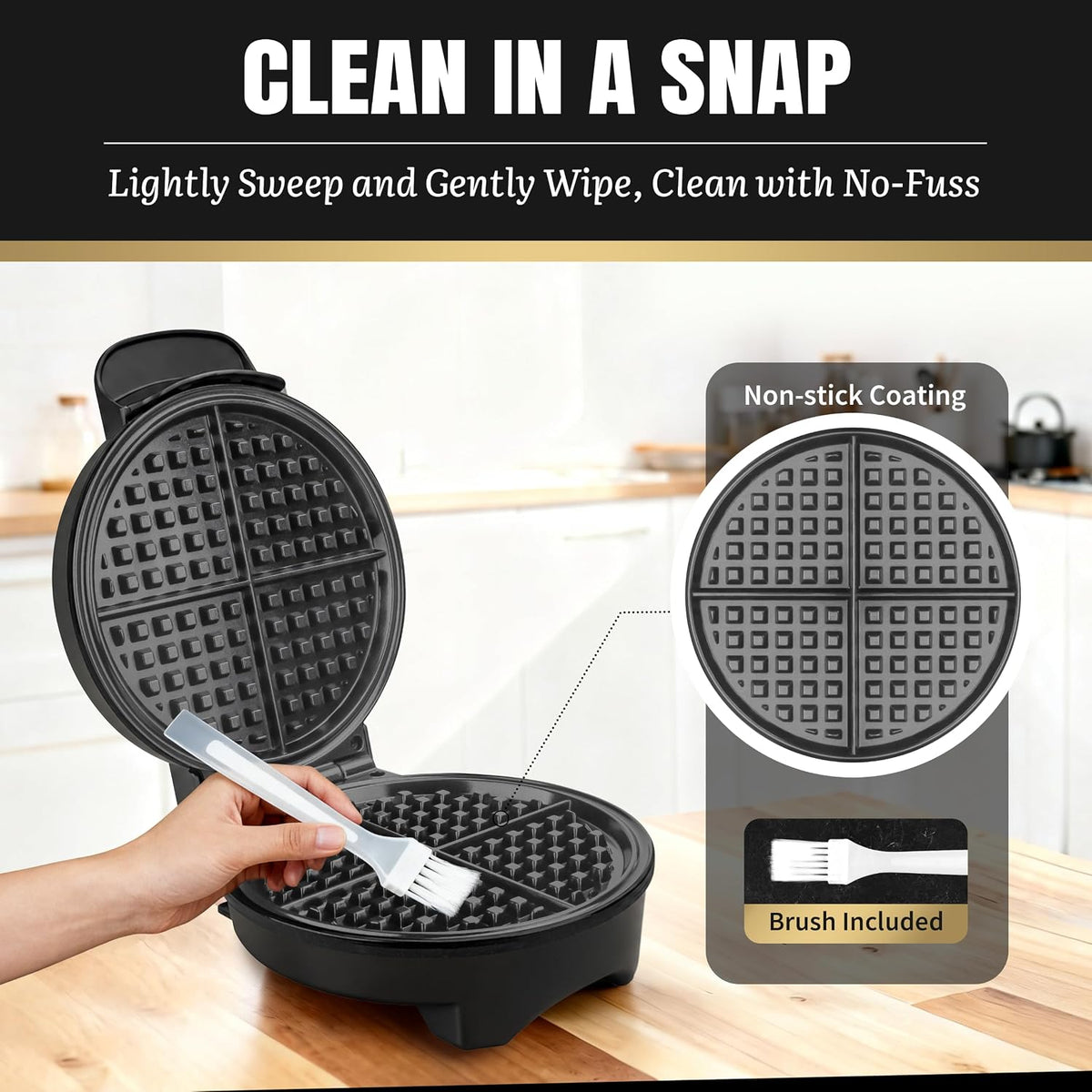 FineMade Máquina para hacer gofres clásica de 7 pulgadas, waflera belga con placas antiadherentes de cerámica sin PFAS, waflera eléctrica, waflera fina crujiente, plancha para gofres redonda, grafito