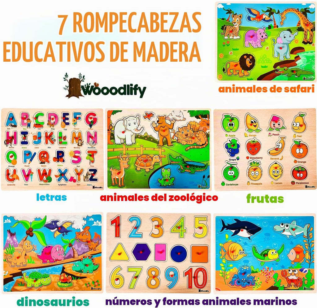 Paquete de 7 rompecabezas de madera para niños de 2, 3, 4, 5 años, 7 coloridos rompecabezas de madera gruesa para niños de 2 a 5 años, números en forma del alfabeto, frutas, animales marinos, dinosaurios, zoológico, juguetes educativos de aprendizaje para