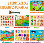 Paquete de 7 rompecabezas de madera para niños de 2, 3, 4, 5 años, 7 coloridos rompecabezas de madera gruesa para niños de 2 a 5 años, números en forma del alfabeto, frutas, animales marinos, dinosaurios, zoológico, juguetes educativos de aprendizaje para