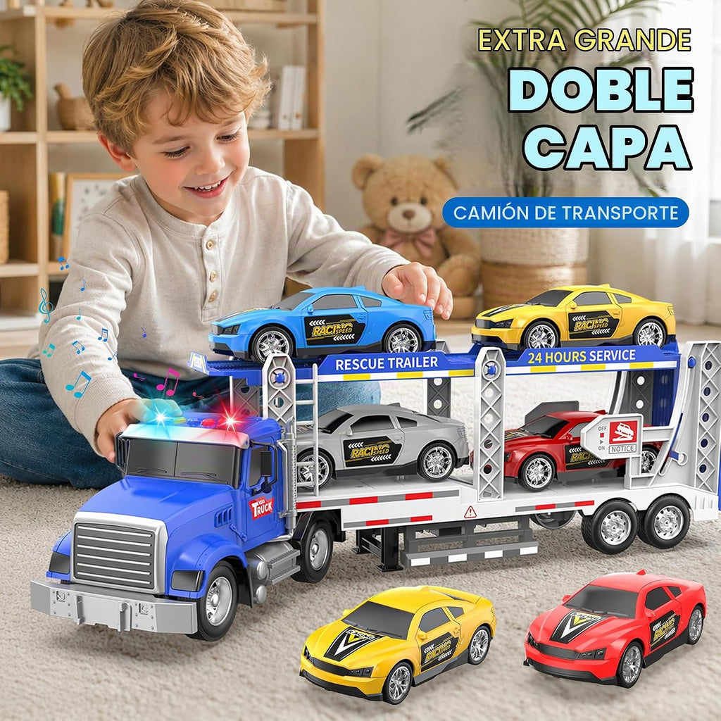 Juguete semi camión con 4 juguetes de coche, camiones de doble capa para