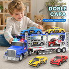 Juguete semi camión con 4 juguetes de coche, camiones de doble capa para