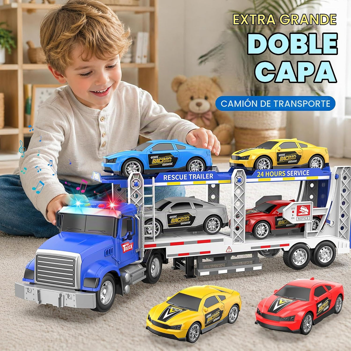 Juguete semi camión con 4 juguetes de coche, camiones de doble capa para