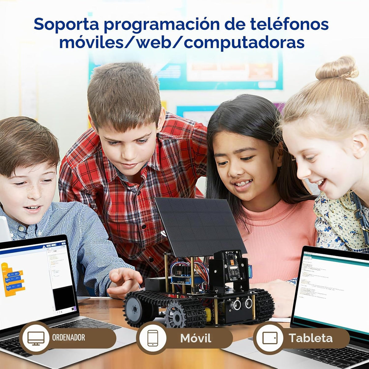 Kit de tanque de robot solar con cámara inteligente ESP32 5 en 1, kit de robótica de juguete STEM para niños de 8 a 16 años, aplicación y control remoto, automóvil 4WD con cámara de 3 MP, kit de codificación científica educativa Arduino, regalo para