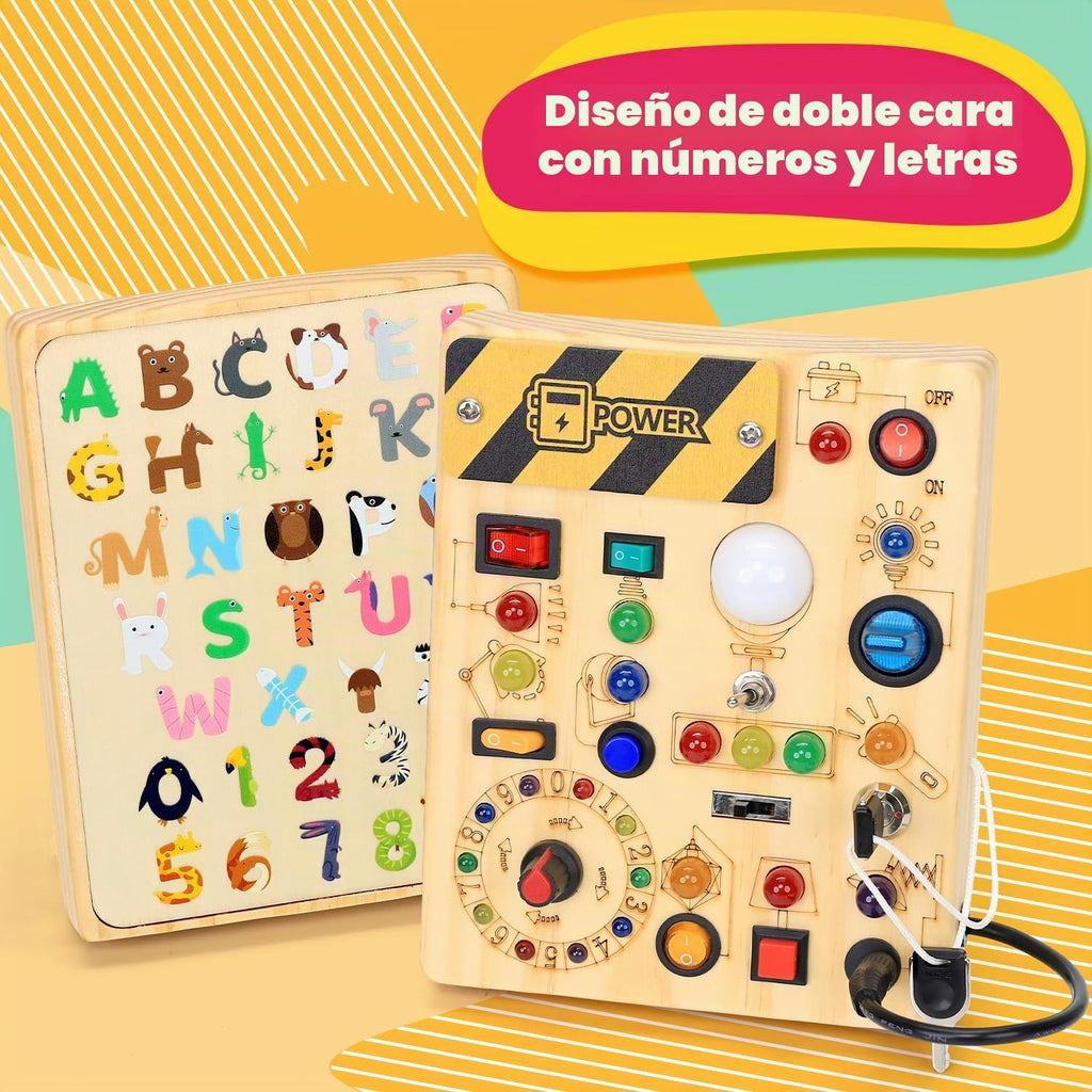 Tablero de actividades con interruptores de luz LED, juguetes Montessori para niños de 1, 2, 3 años, tablero de actividades sensoriales de madera para niños pequeños, juguetes de viaje para niños y niñas de 1 año o más, regalo de cumpleaños