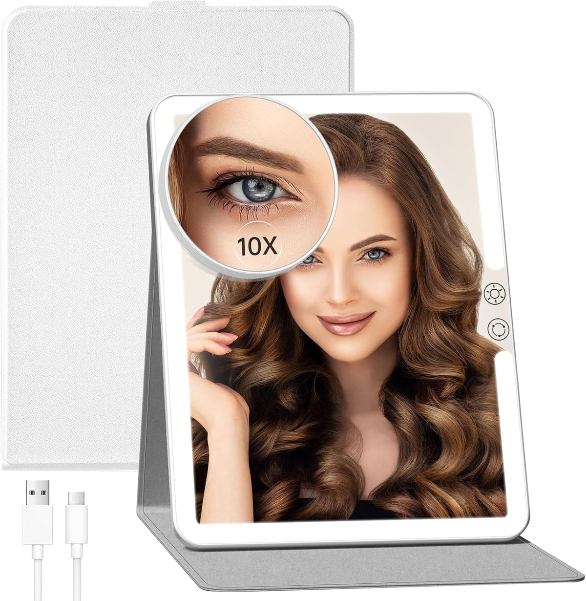 FUNTOUCH 2500mAh Espejo de maquillaje de viaje recargable grande con luz