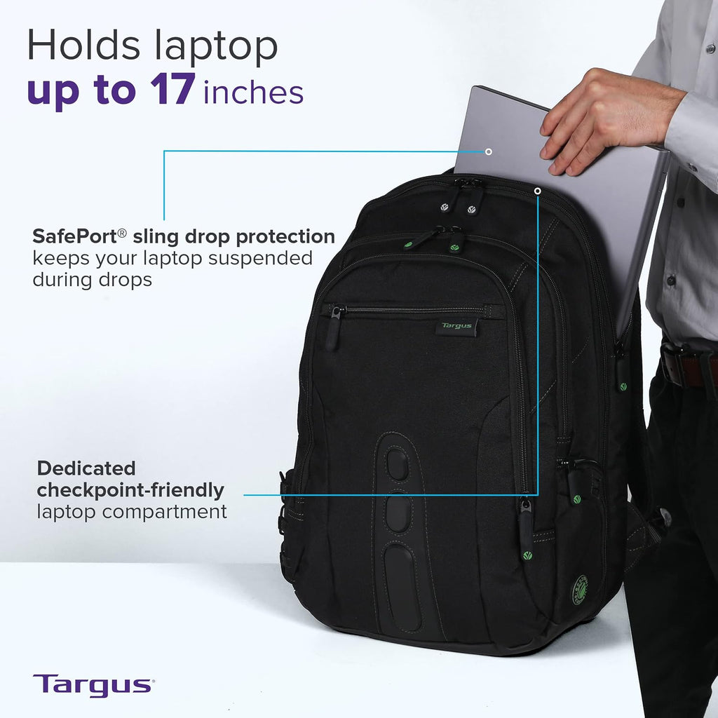Targus Spruce EcoSmart - Mochila de viaje para laptop de 17 pulgadas, mochila de mano compatible con la TSA, bolsa para computadora portátil para trabajo y viajes, color negro (TBB019US)