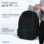 Targus Spruce EcoSmart - Mochila de viaje para laptop de 17 pulgadas, mochila de mano compatible con la TSA, bolsa para computadora portátil para trabajo y viajes, color negro (TBB019US)