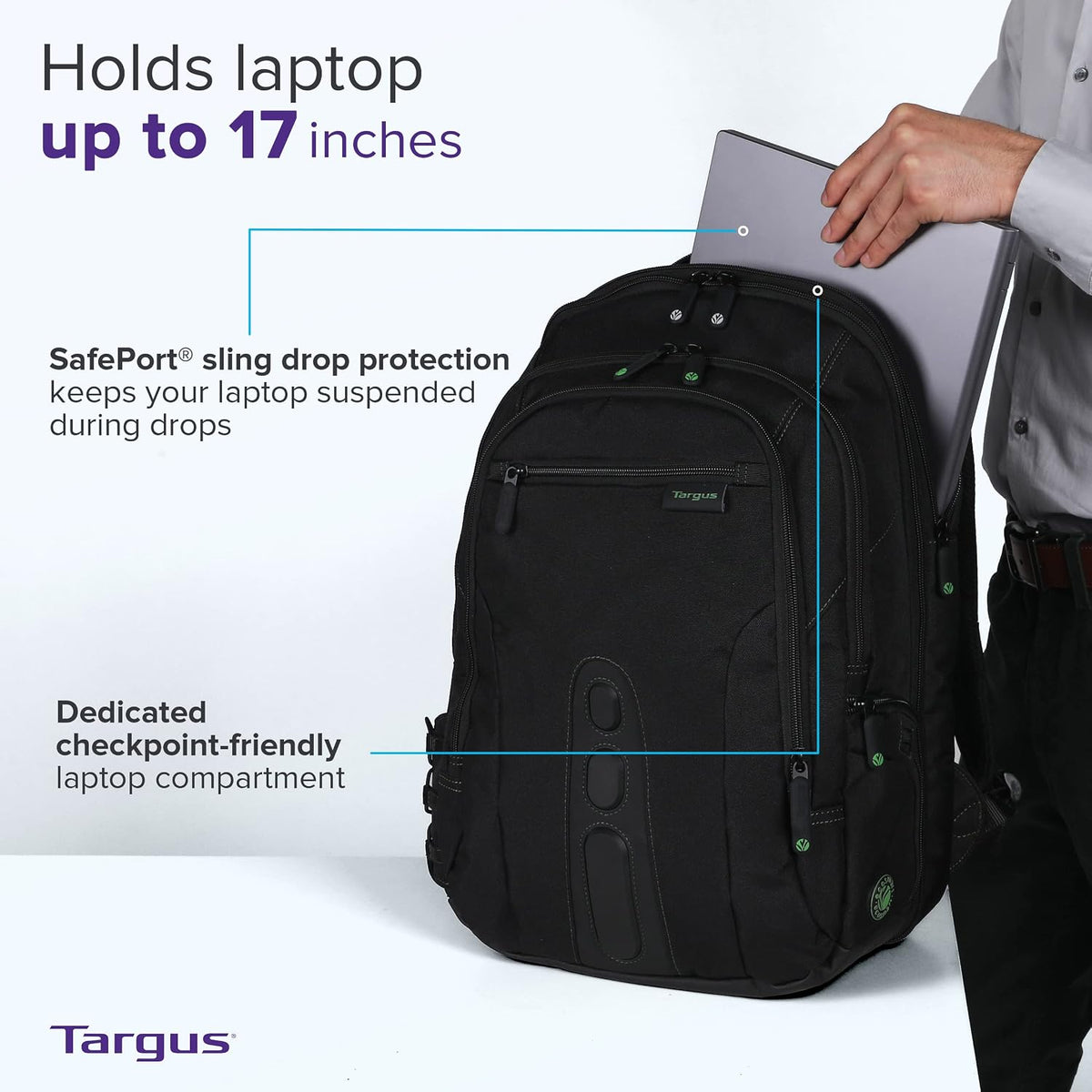 Targus Spruce EcoSmart - Mochila de viaje para laptop de 17 pulgadas, mochila de mano compatible con la TSA, bolsa para computadora portátil para trabajo y viajes, color negro (TBB019US)