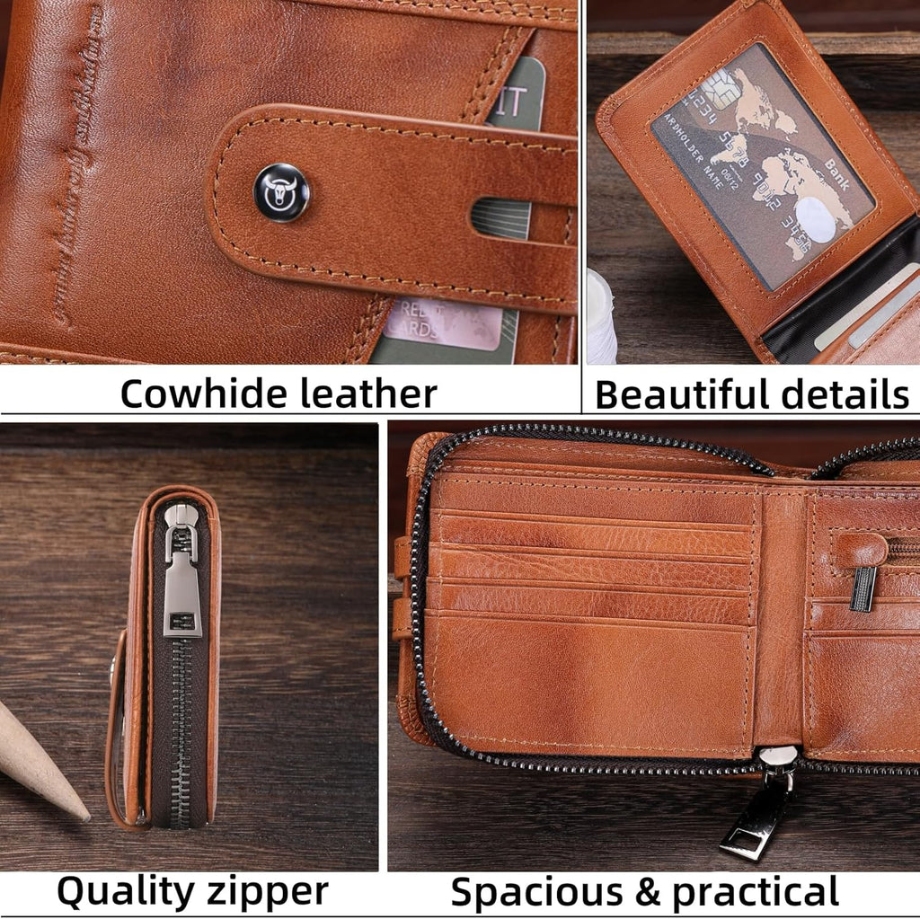 BULLCAPTAIN Cartera de cuero genuino para hombre con cremallera T23, Marrón