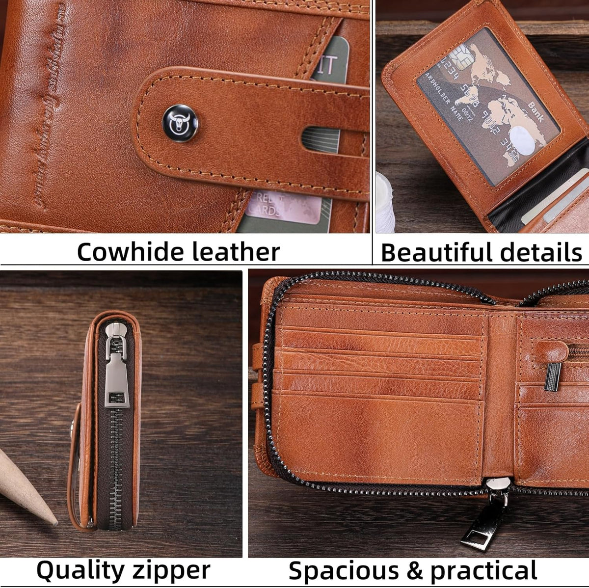 BULLCAPTAIN Billetera de cuero genuino para hombre con cremallera v...