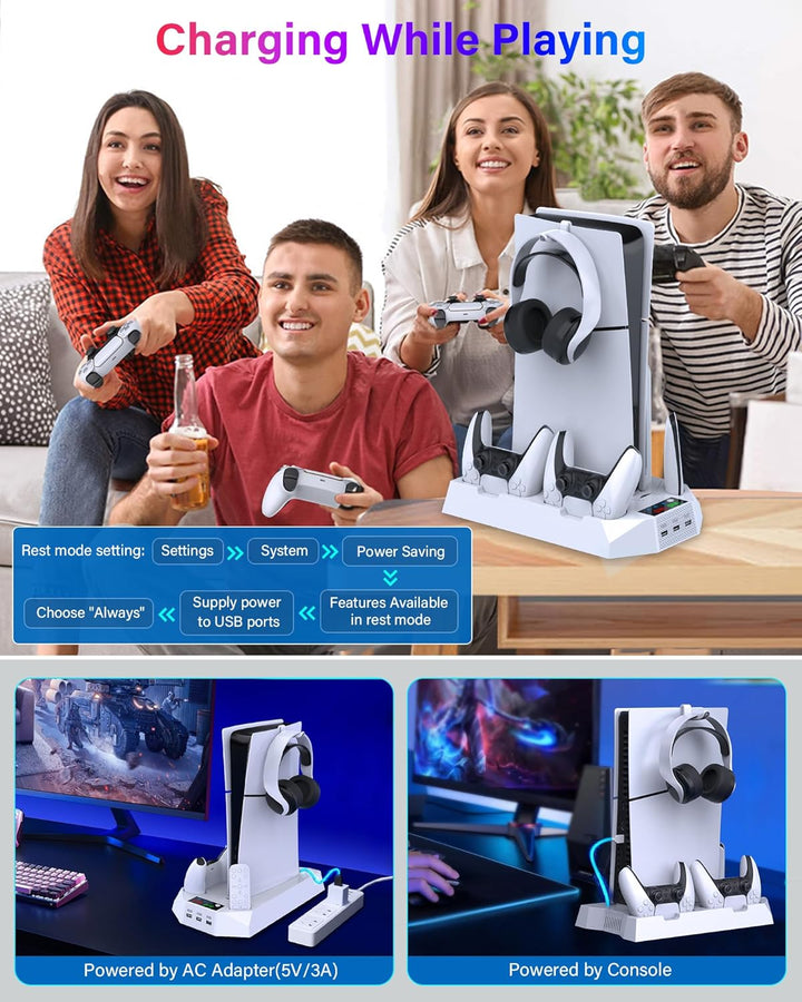 PS5\/PS5 Slim\/PS5 Pro Stand and Cooling Station with Dual Controll...