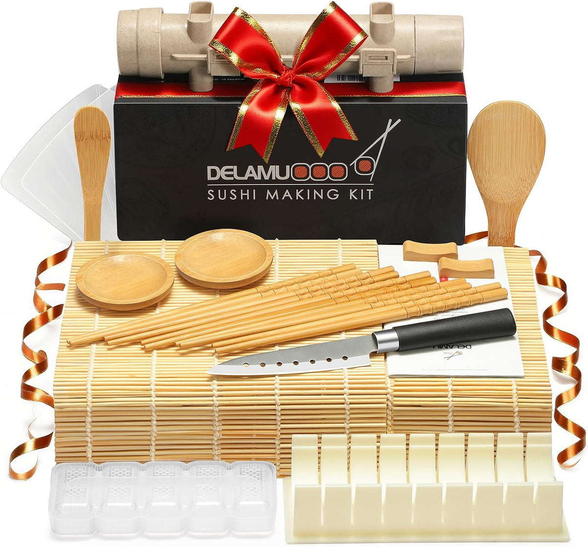 Delamu Kit de fabricación de sushi, kit de rodillos de bazuca 20 en 1 con cuchillo de chef, alfombrillas de bambú, molde de arroz, alfombrillas de sushi Temaki, paleta de arroz, esparcidor, palillos,