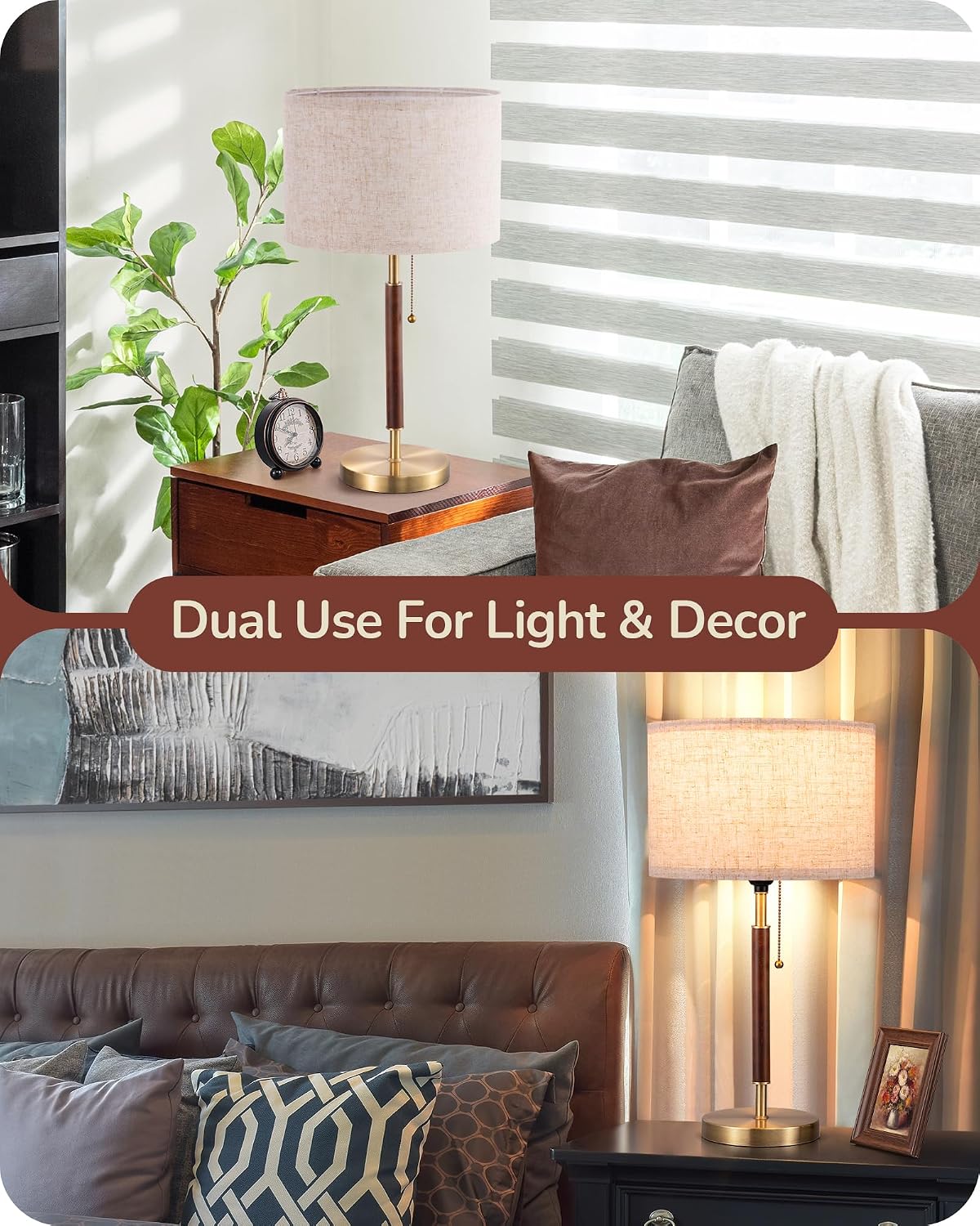 Lámpara EDISHINE Lámpara de mesa de mediados de siglo, lámpara de noche con interruptor de cadena, madera maciza y poste de metal, lámpara de mesa moderna para sala de estar, dormitorio, oficina, acabado de