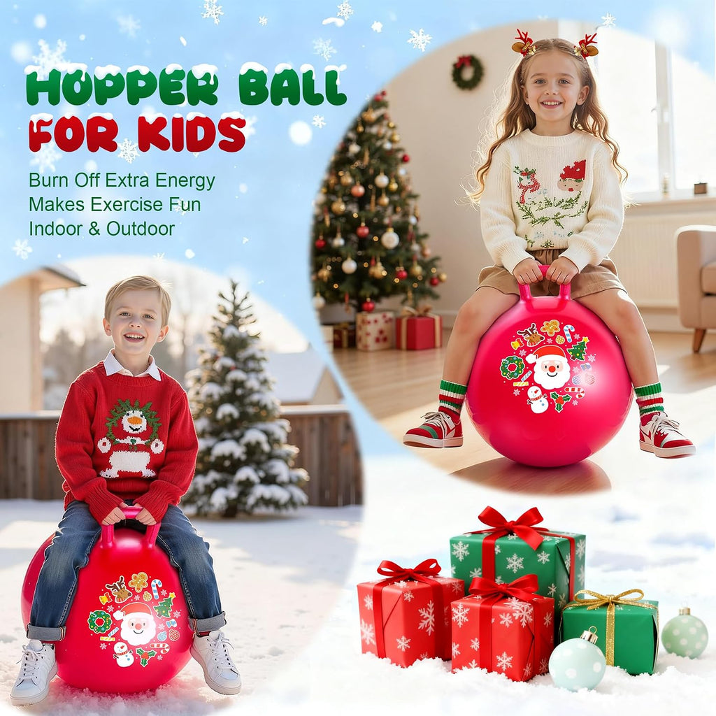 Paquete de 2 bolas de tolva de 18 pulgadas (unicornio rosa + Papá Noel rojo), pelota inflable con mango para niños de 3 a 8 años, paquete de juguetes inflables de equitación con bombas, ideal