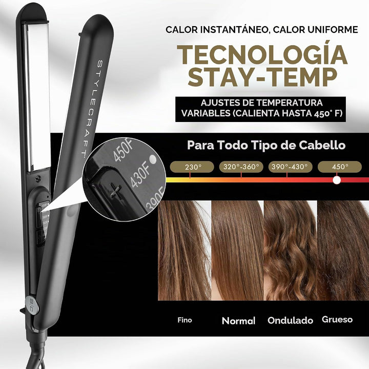 StyleCraft Stay Temp - Plancha de titanio profesional de 1 pulgada...