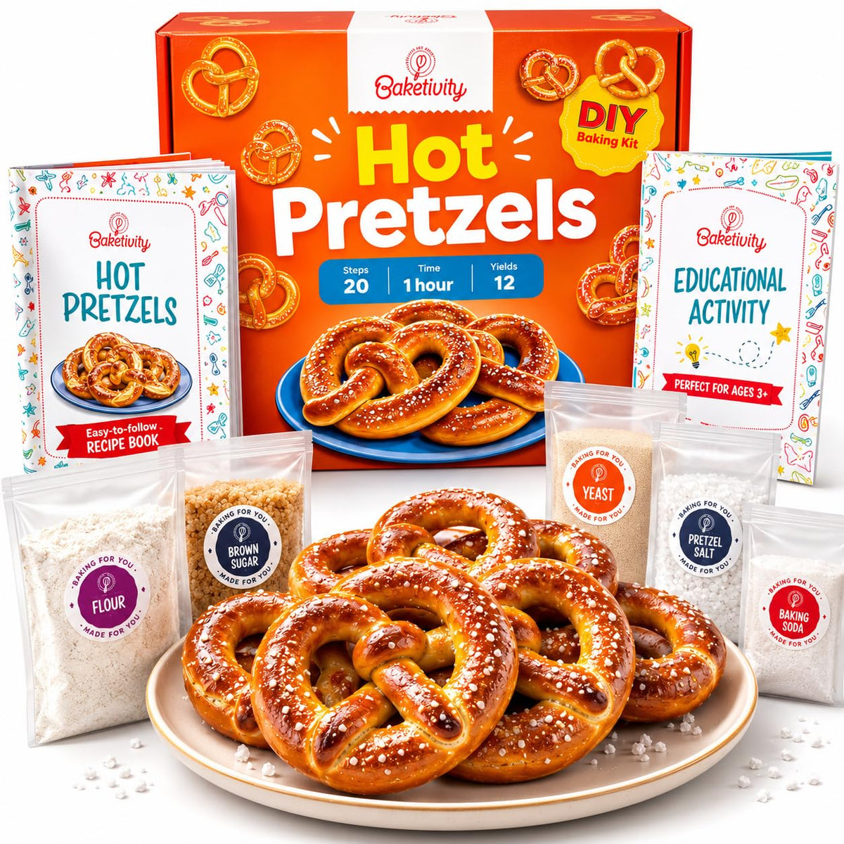 Kit para hacer pretzels – Juego de cocina real para niños de 5 a 12 años + con receta e ingredientes – Juego de hornear para niños y niñas – Gran regalo para vinculación familiar