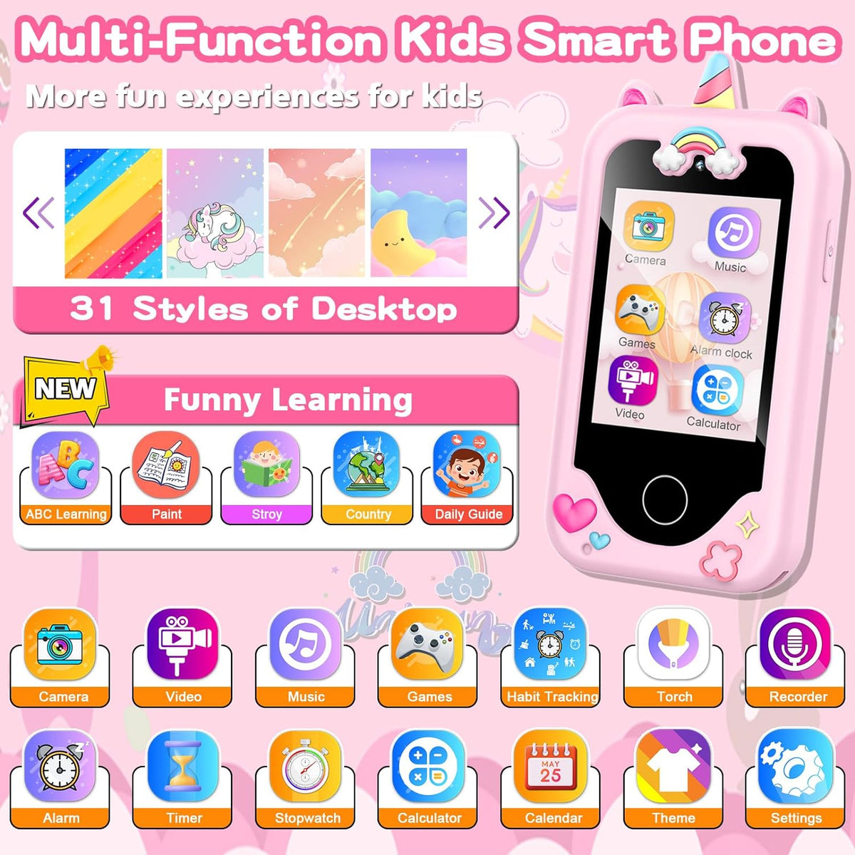 Teléfono inteligente para niños para niñas, juguetes, regalos para niños de 3 a 10 años, Navidad, cumpleaños, juguetes para niños, pantalla táctil de 2.8" para niños pequeños, teléfono celular de