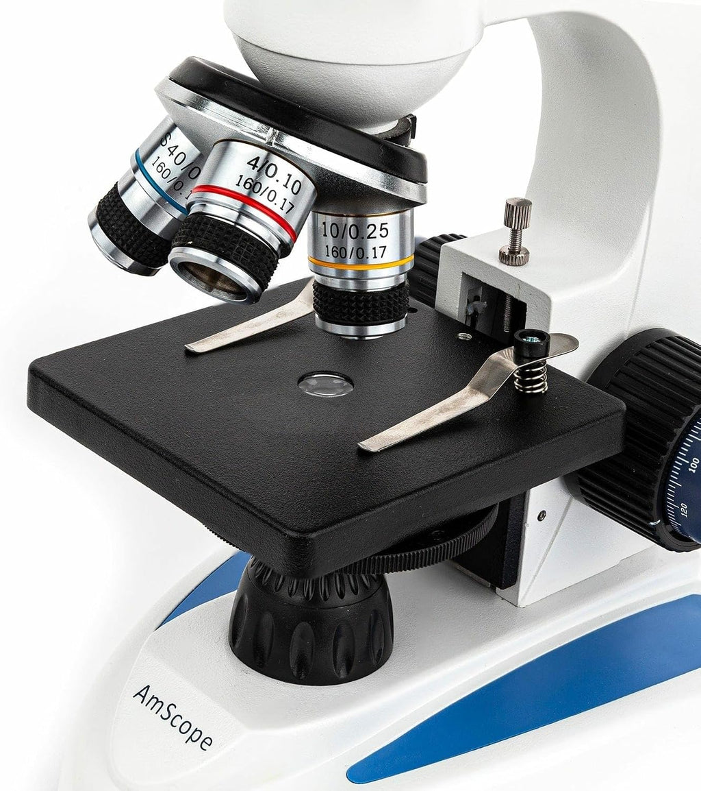 AmScope M158C-E microscopio monocular compuesto, oculares de WF10x y WF25x, aumento de 40x-1000x, campo brillante, iluminación led, etapa Plana, 110 voltios, incluye cámara de 0.3 megapíxeles y software