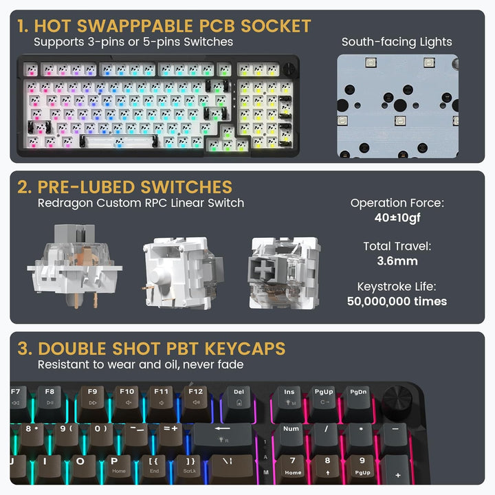 Redragon K742 Teclado mecánico inalámbrico para juegos con perilla,...
