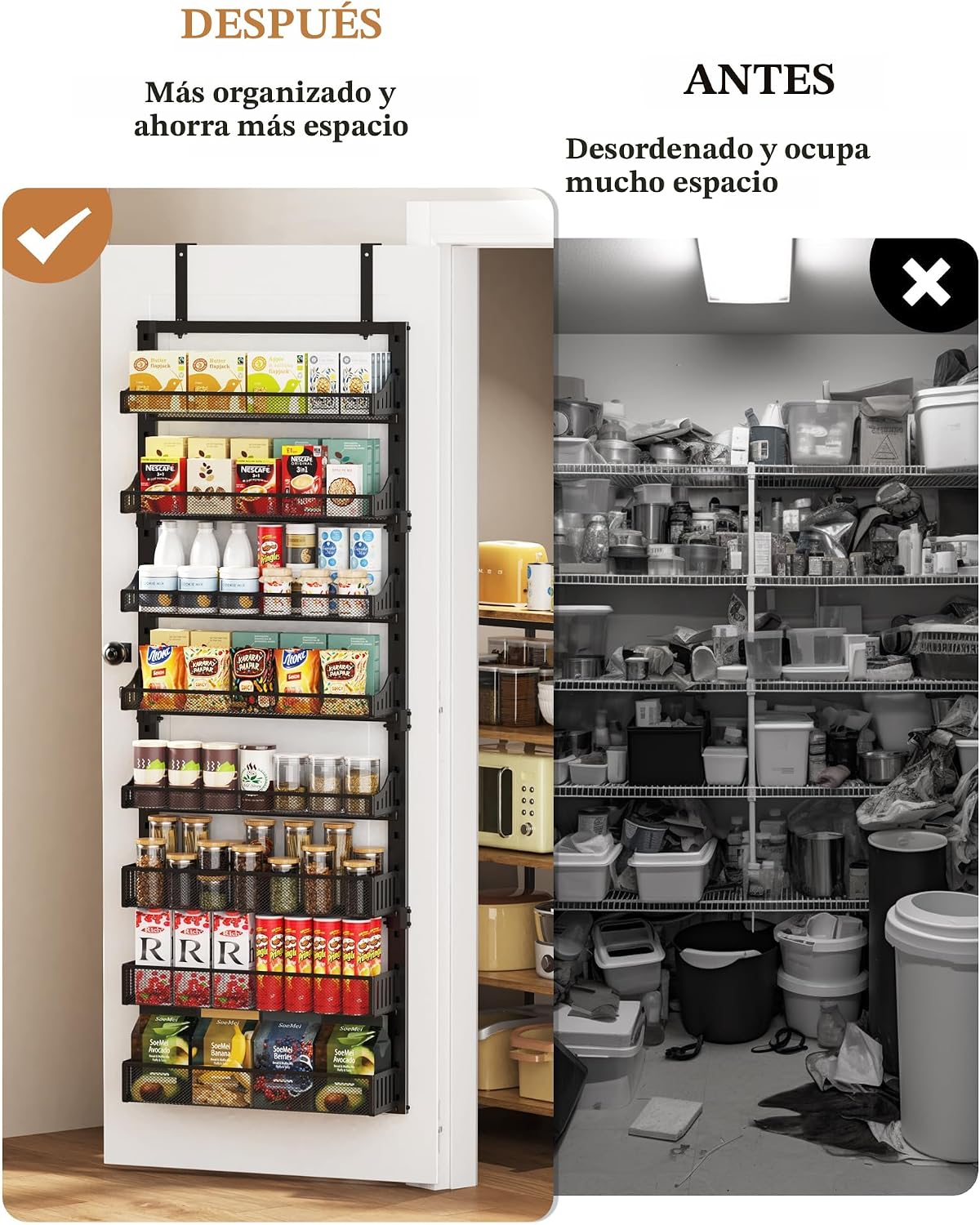Organizador de Despensa de 8 Niveles Sobre la Puerta, Estante Grande de Metal para Especias en Puerta con Canasta Ajustable, 2 en 1 Montaje en Pared o Colgante de Servicio Pesado Estante de