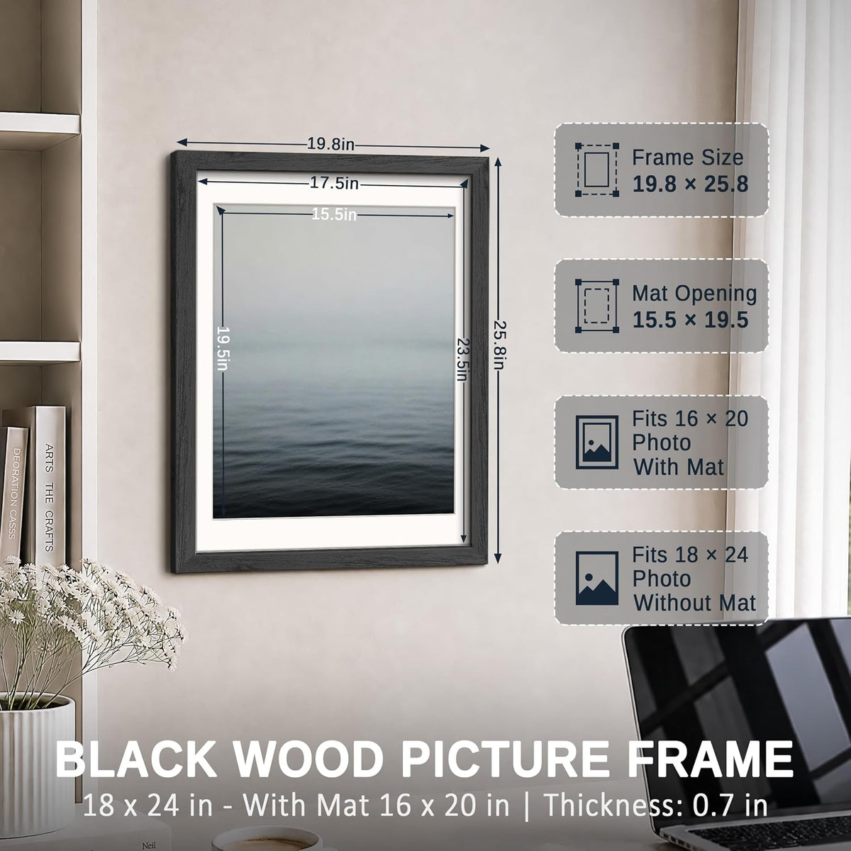 Juego de 5 marcos negros de 18 x 24 pulgadas, madera con borde ancho, para fotos de 16 x 20 pulgadas con paspartú o de 18 x 24 pulgadas sin paspartú, para el hogar, oficina, galería, Woodgrain